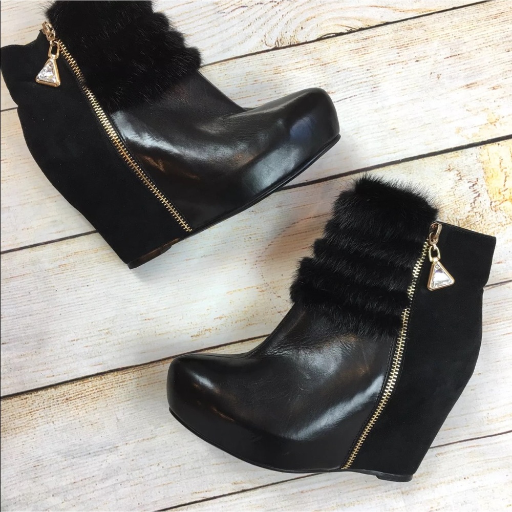 Black wedge booties leather suede & fur Sz 5.5/6